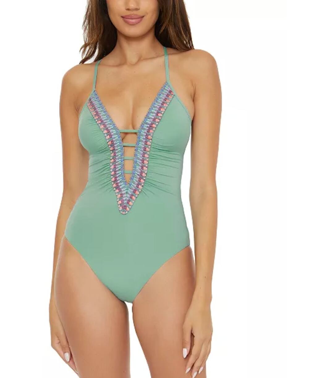 Becca Swim Fiesta Plunge Crochet Clare One-Piece Swimsuit Mineral Size Large NWT